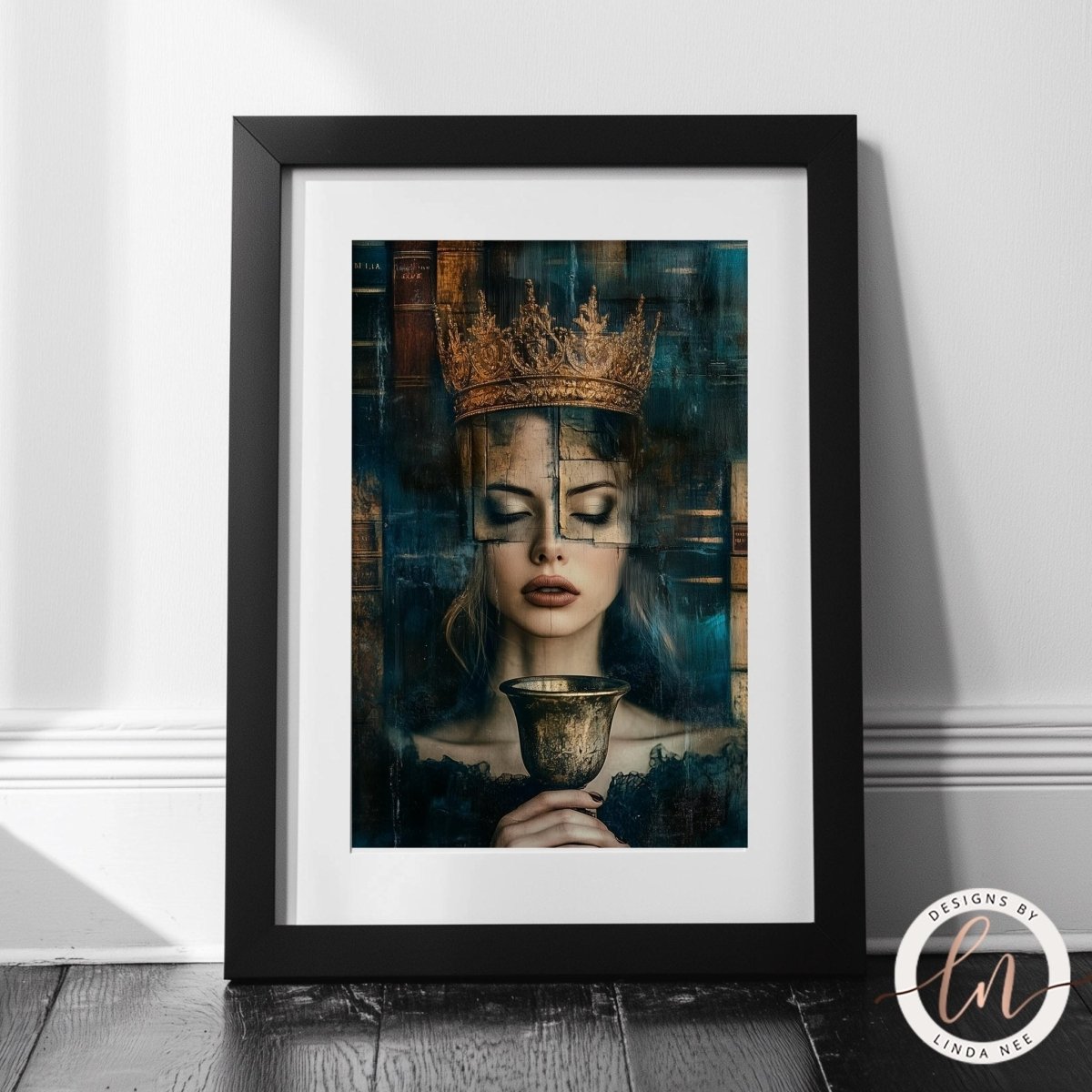 Queen with crown and cup artwork displayed with a moody background