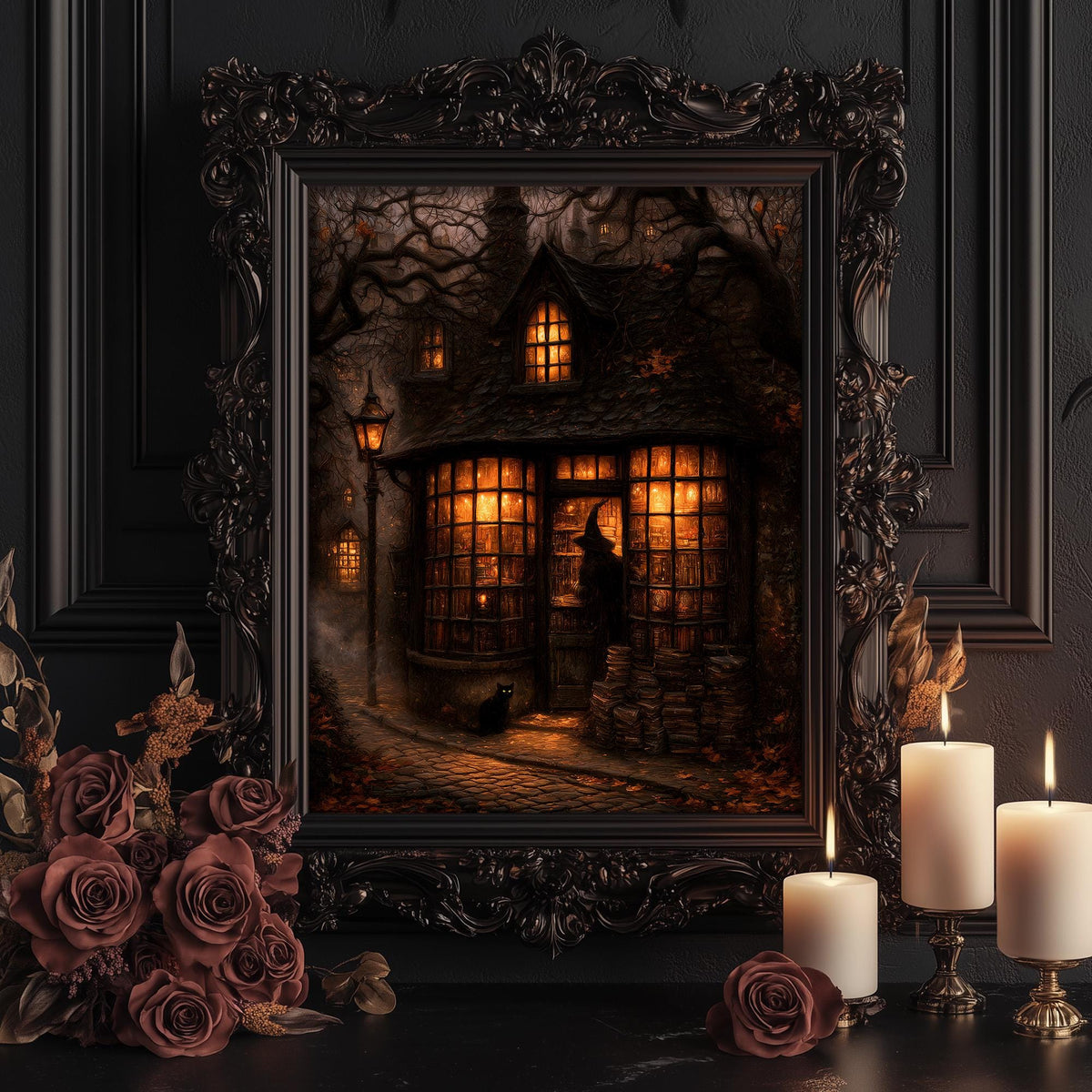 Bookish wall art shown framed among lit candles and a bouquet of dark roses