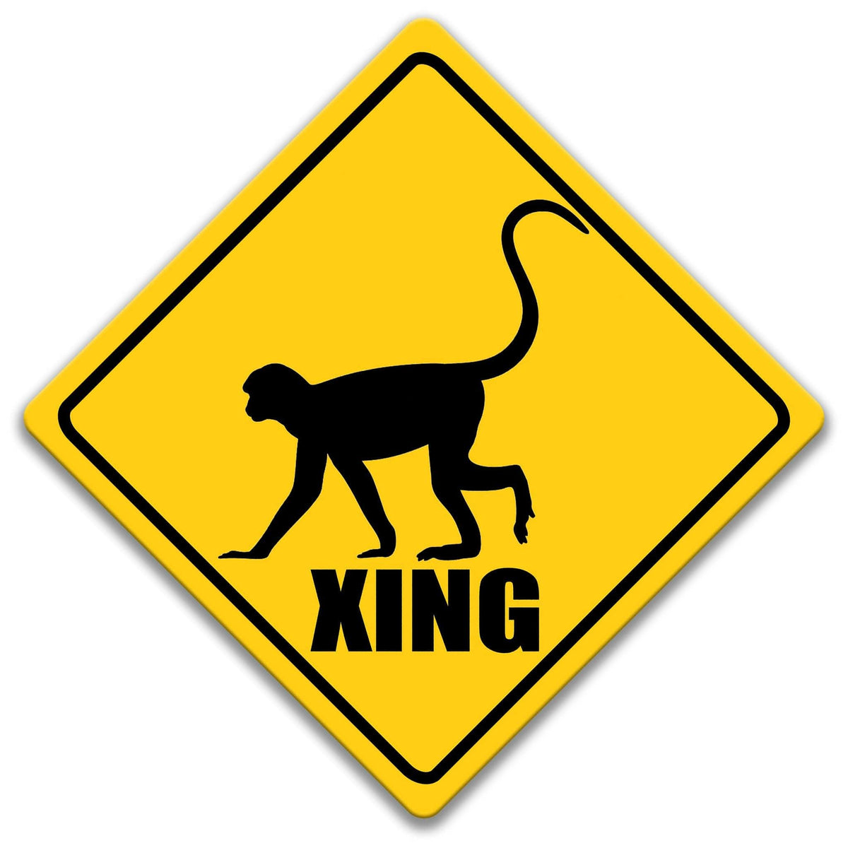 A yellow diamond-shaped sign with a black silhouette of a monkey and the word "XING" below it.