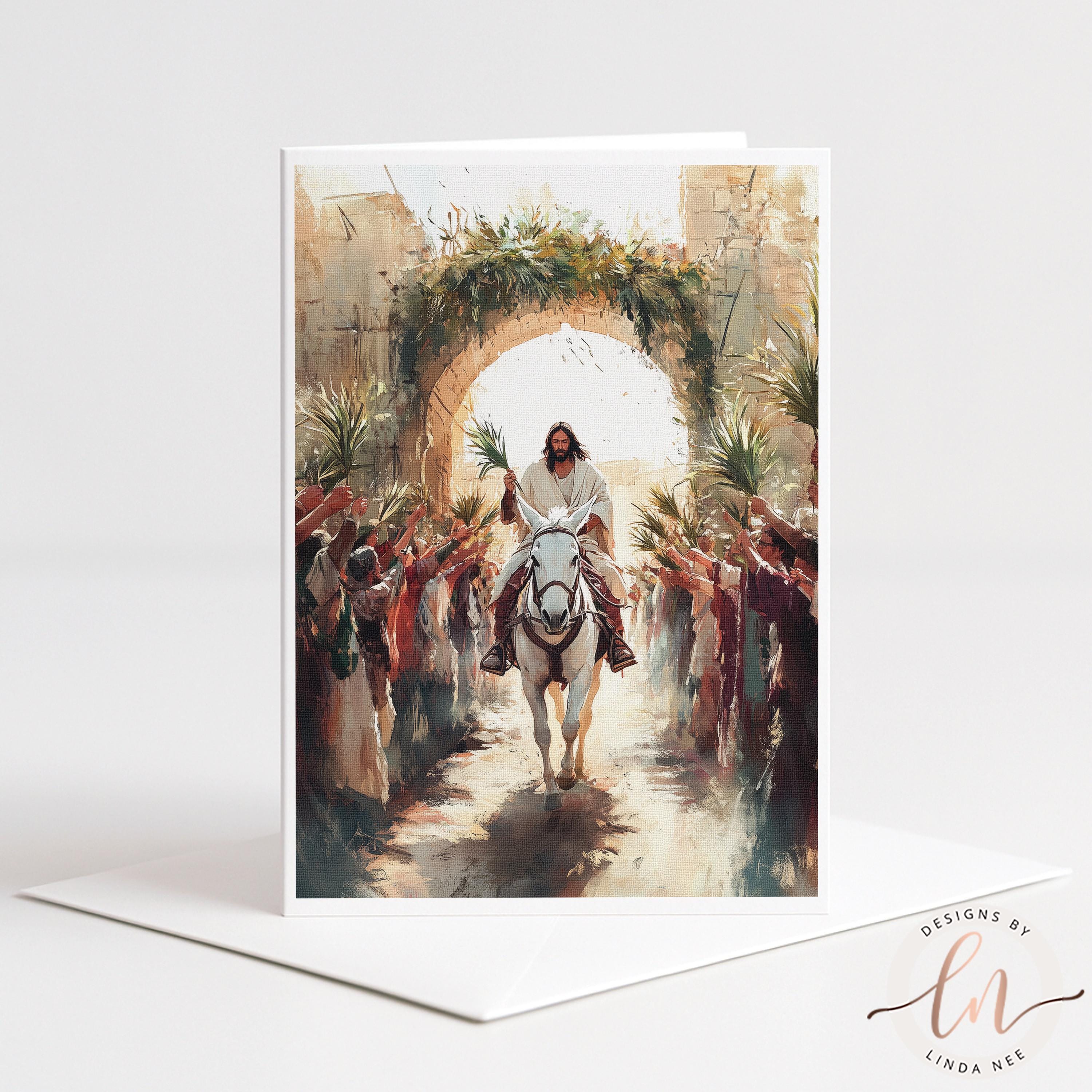a man riding a horse through a crowd of people, with the crowd holding palm fronds.