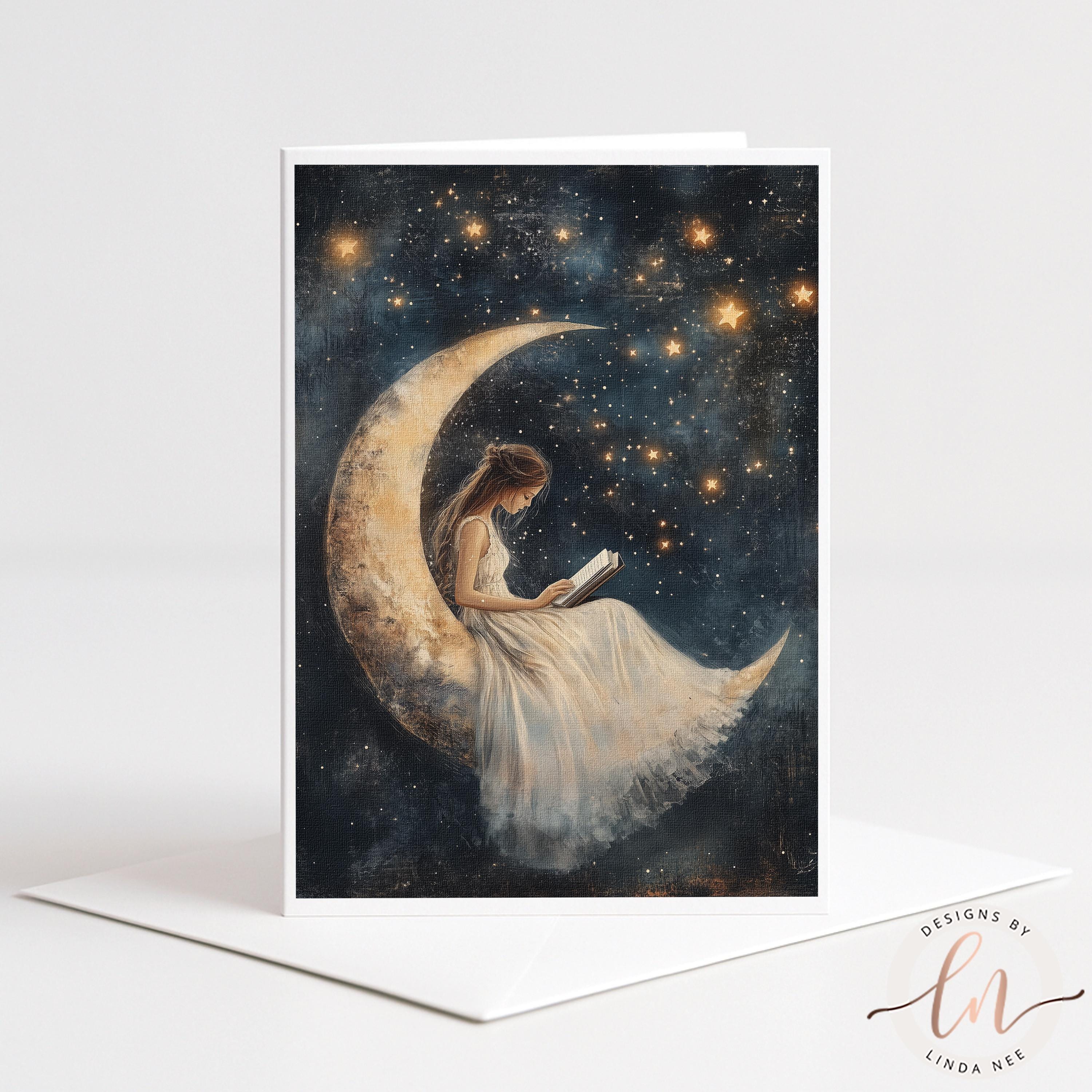 A woman is sitting on a crescent moon, reading a book, with a starry night sky in the background.