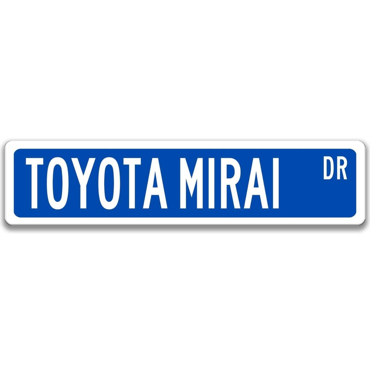 Blue metal street sign with white text reading TOYOTA MIRAI DR