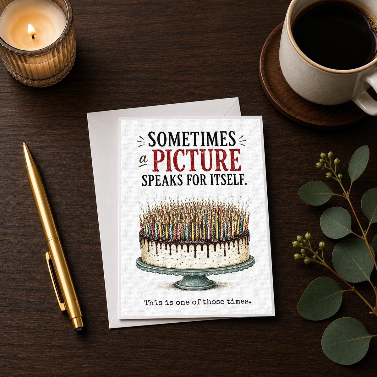 a birthday card with a cake and candles, accompanied by a pen, a candle, and a cup of coffee on a wooden surface.