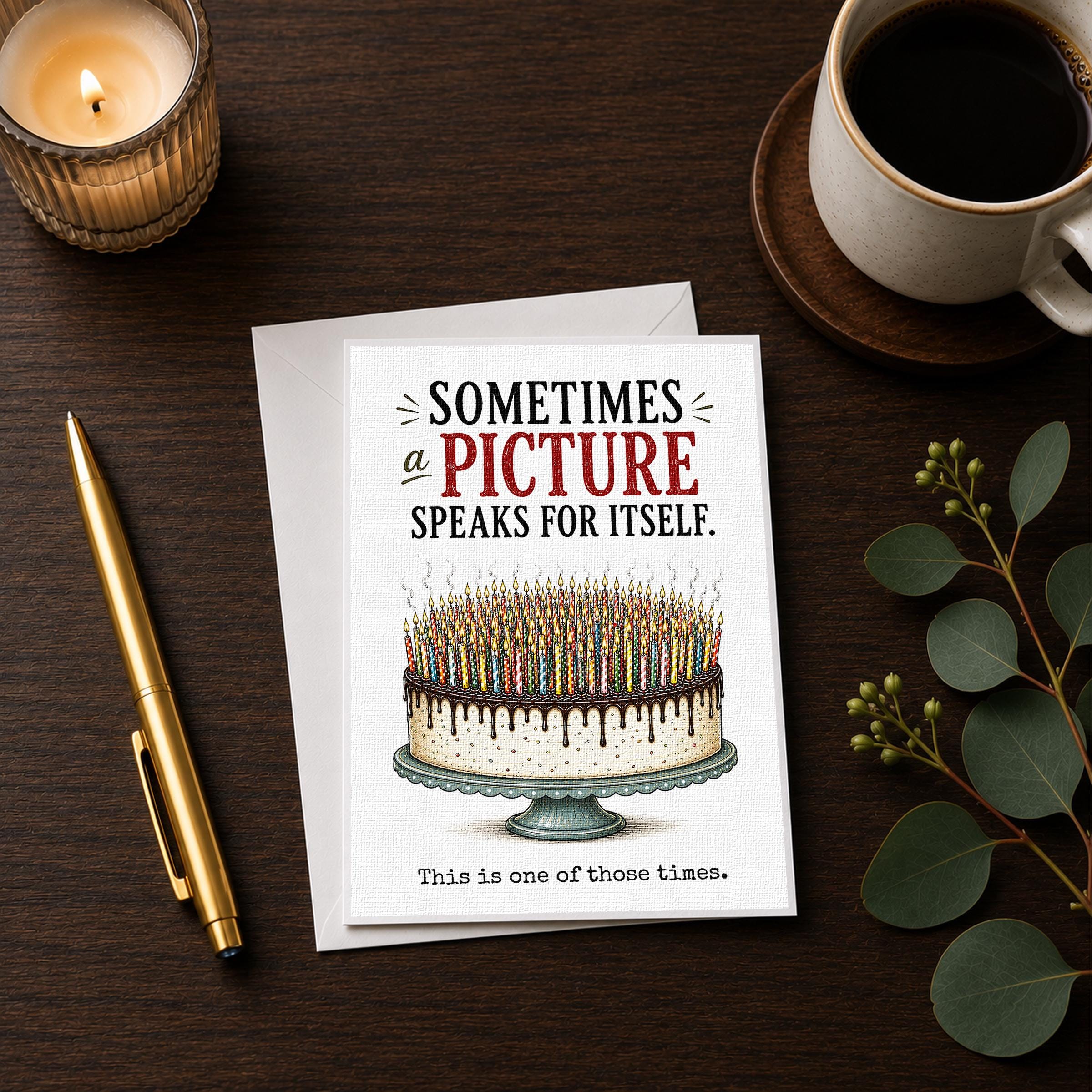 a birthday card with a cake and candles, accompanied by a pen, a candle, and a cup of coffee on a wooden surface.
