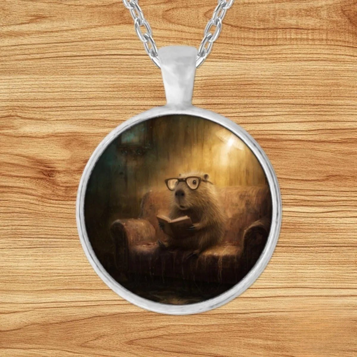 Necklace spec: 1-inch square silver charm pendant with 16 or 24 inch silver oval chain, premium jewelry metals and sublimation inks