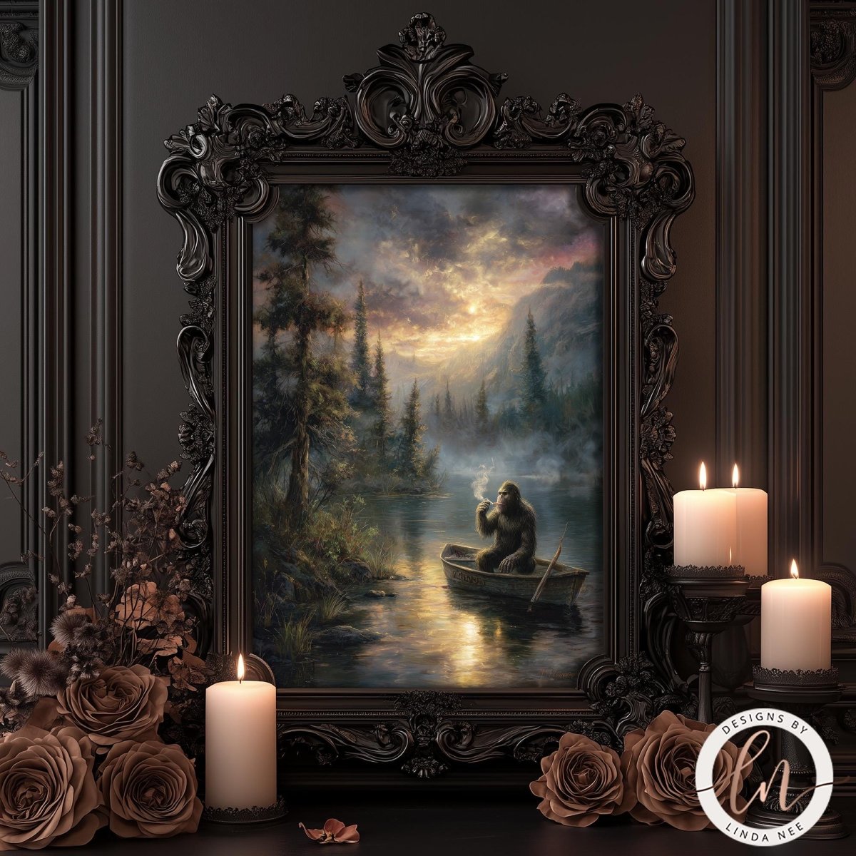 a painting of Bigfoot sitting in a boat on a river, with a forest and mountains in the background. The painting is framed in an ornate black frame and is displayed on a dark wall. There are three lit candles in the foreground, and the painting is surrounded by various floral arrangements.
