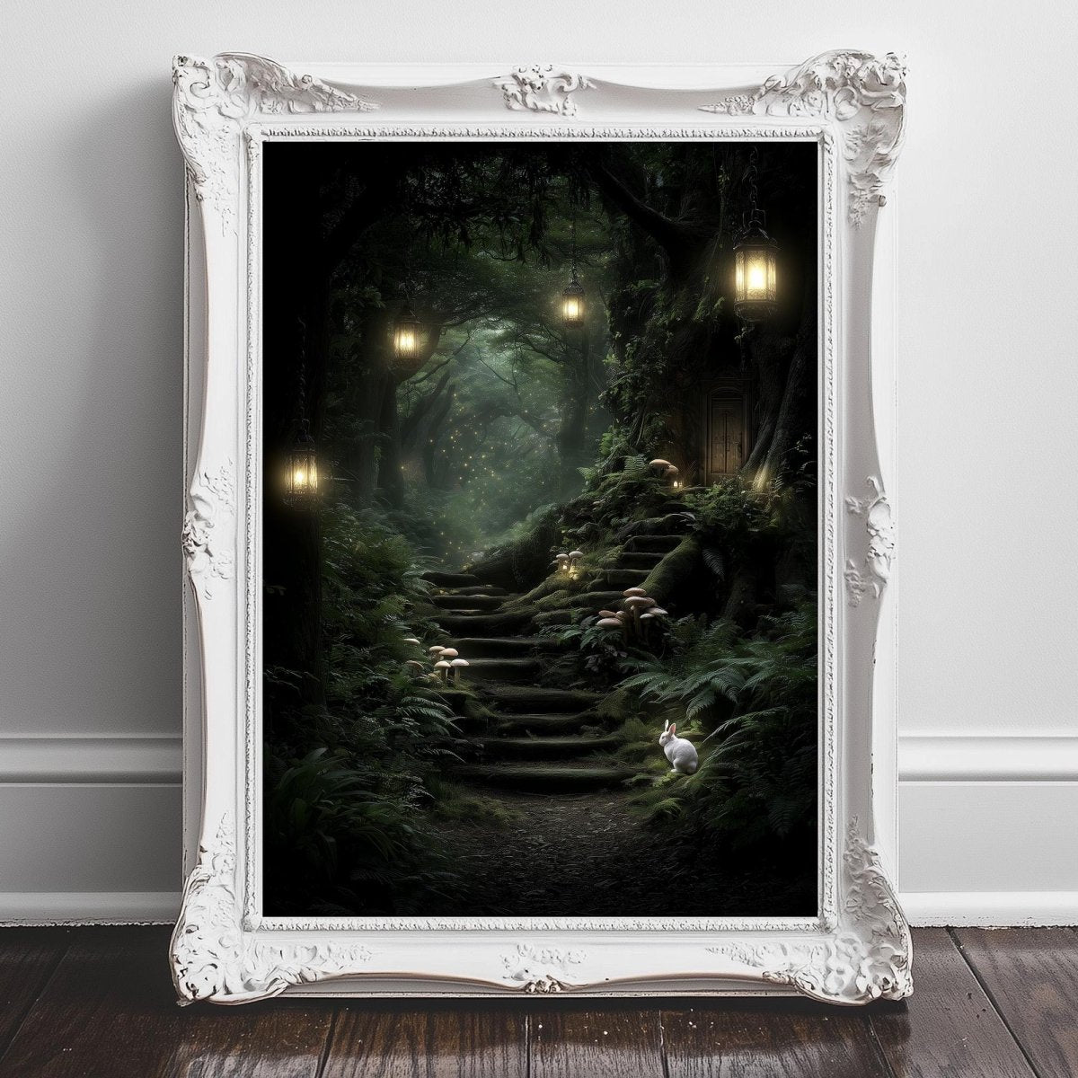 A white picture frame with a painting of a forest path with a rabbit and mushrooms in the background.