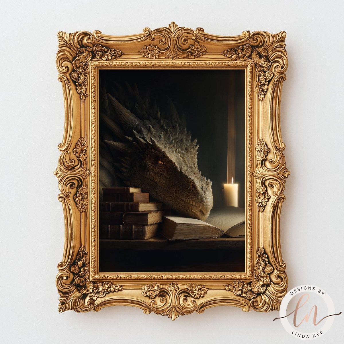 A large, ornate gold frame surrounds a painting of a dragon resting on a stack of books.