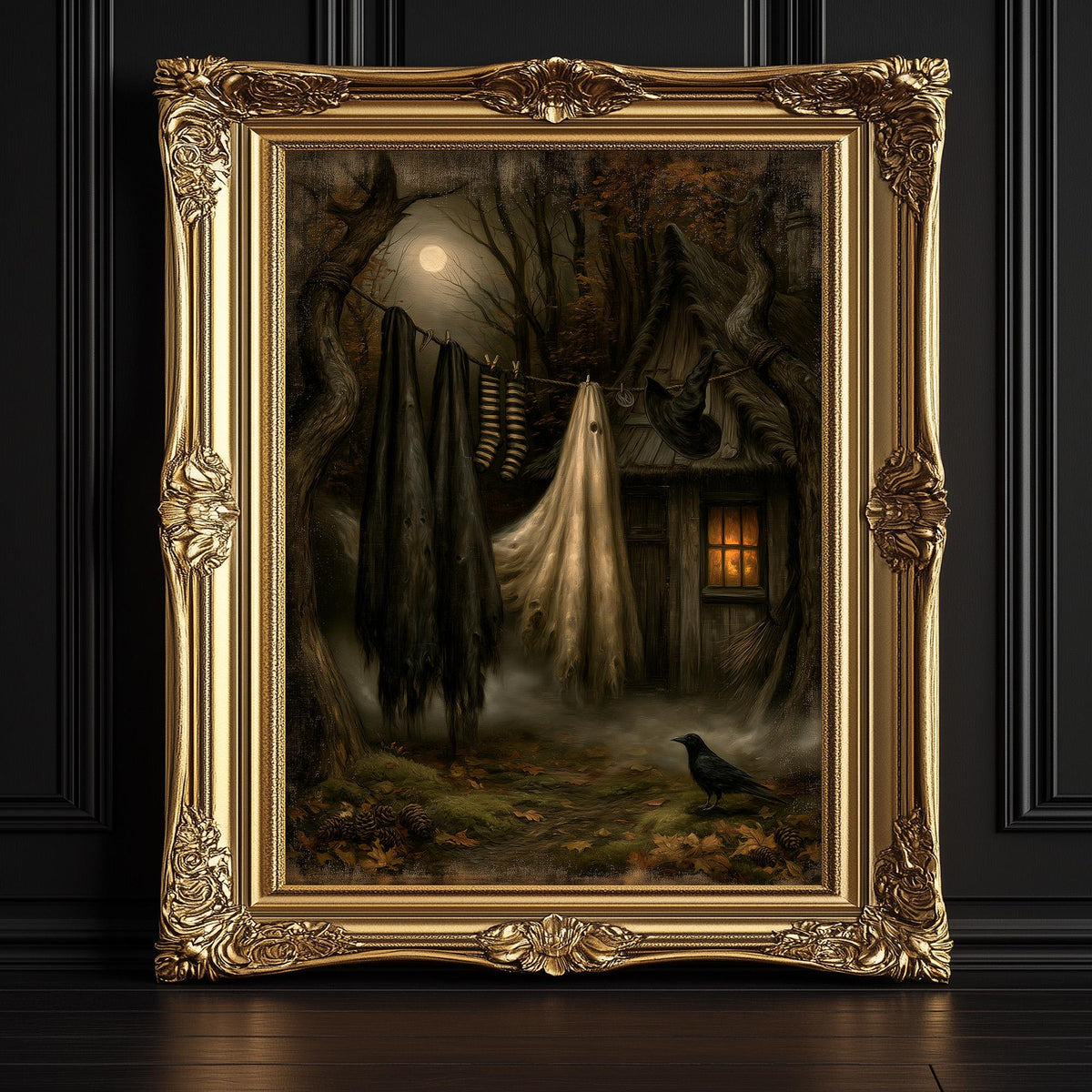 Moonlit witch cottage artwork with a ghostly sheet on the line, shown framed for display