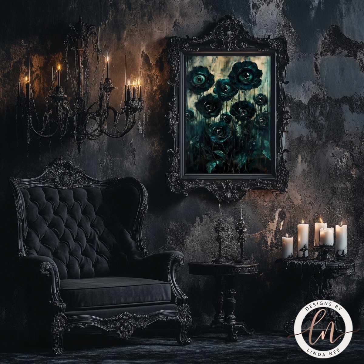 Dark flowers with eyes print displayed with a tufted armchair and chandelier