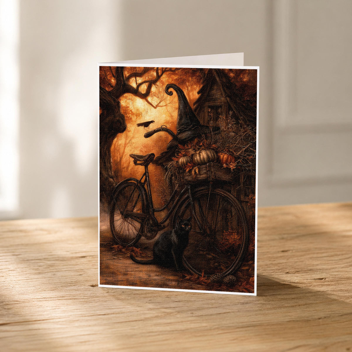 5x7 autumn bicycle blank note card standing upright showing its linen texture