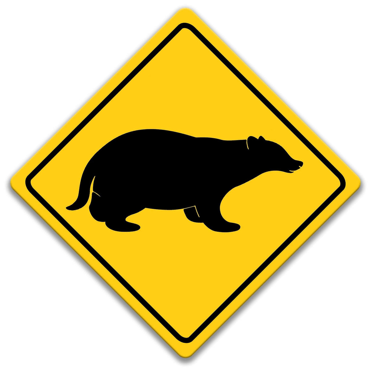 A yellow diamond-shaped road sign with a black silhouette of a bear.
