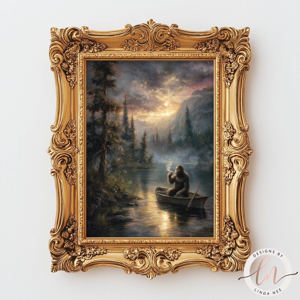 The image is a painting of a person sitting in a boat on a river, surrounded by a forest landscape with a sunset sky in the background.