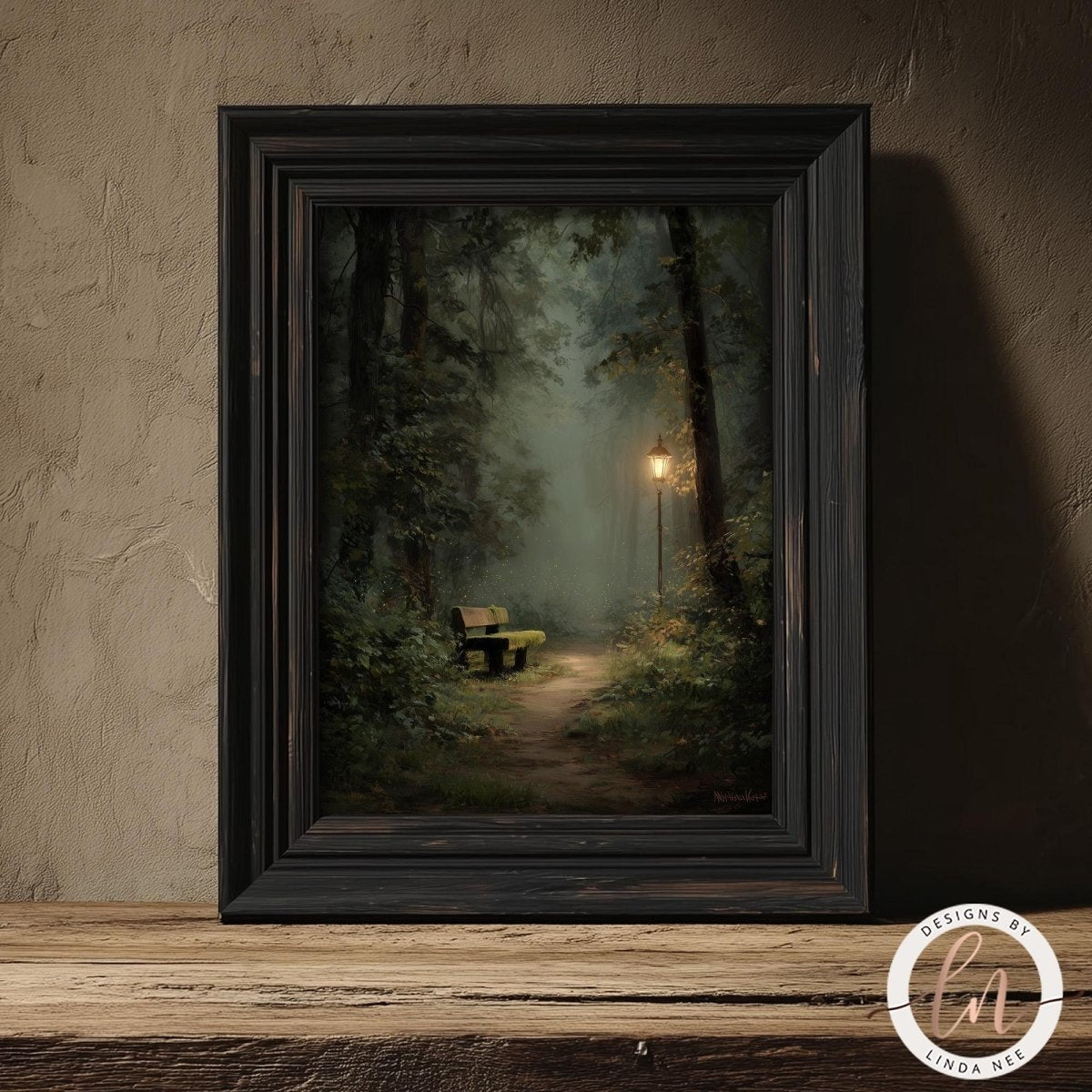 A framed painting depicting a serene forest scene with a bench and a path leading through the trees, illuminated by a lantern.