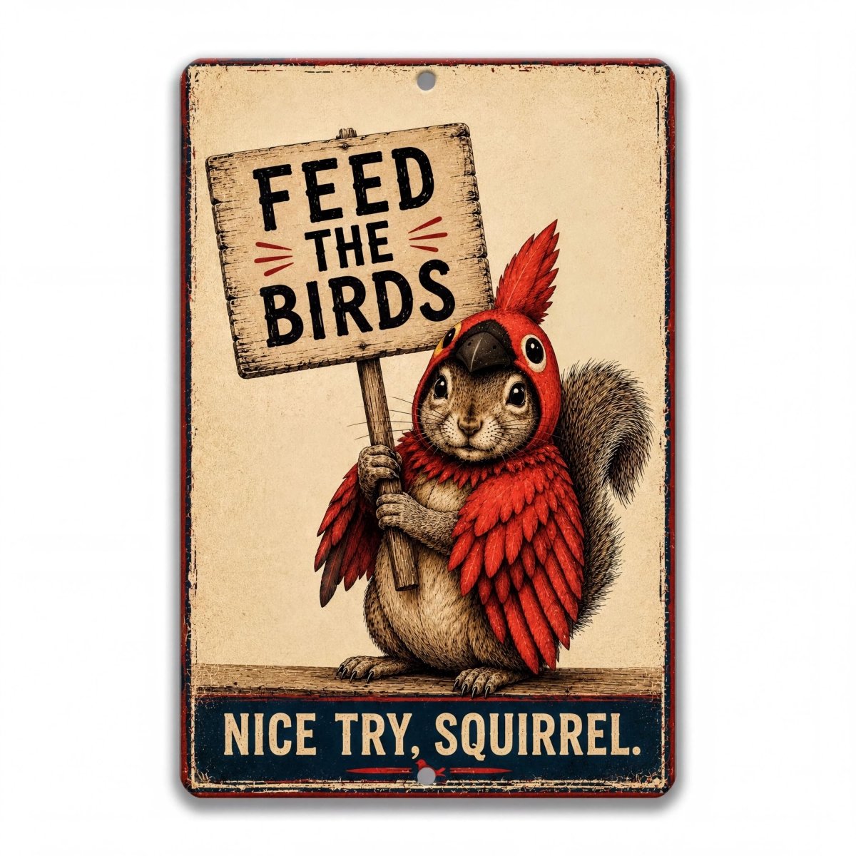 Vintage-style humorous metal sign featuring a squirrel dressed as a red cardinal holding a "Feed the Birds" protest sign with the caption "Nice Try, Squirrel." Designed by Linda Nee.