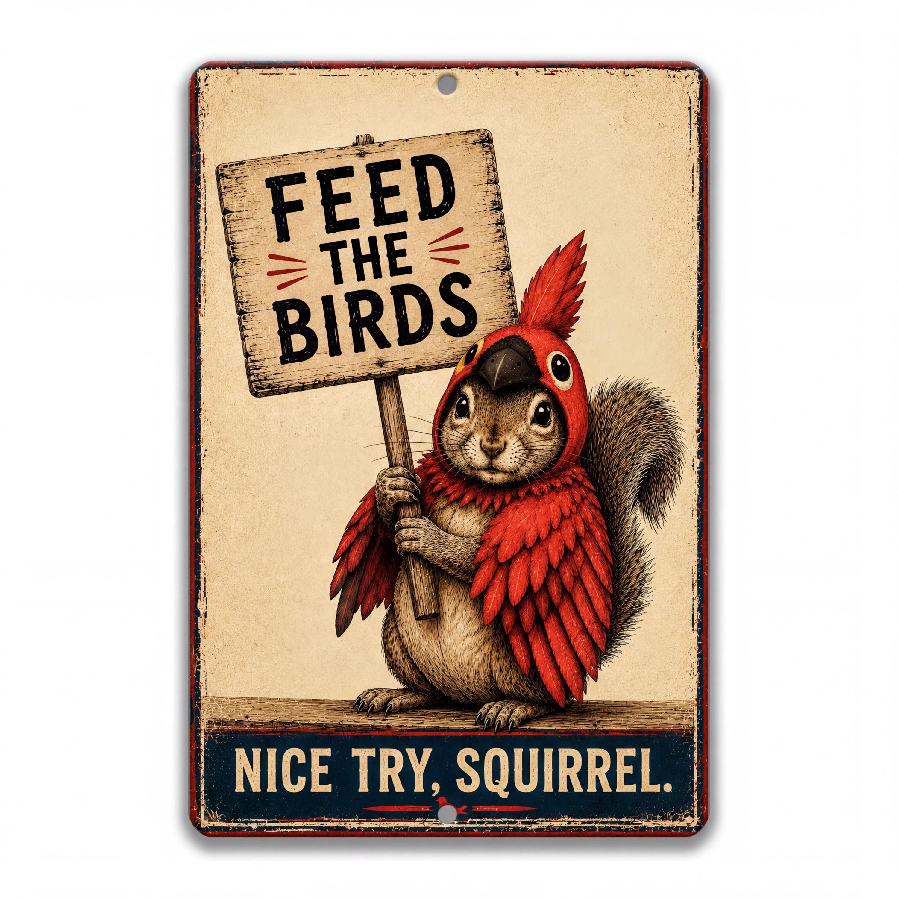 Vintage-style humorous metal sign featuring a squirrel dressed as a red cardinal holding a "Feed the Birds" protest sign with the caption "Nice Try, Squirrel." Designed by Linda Nee.