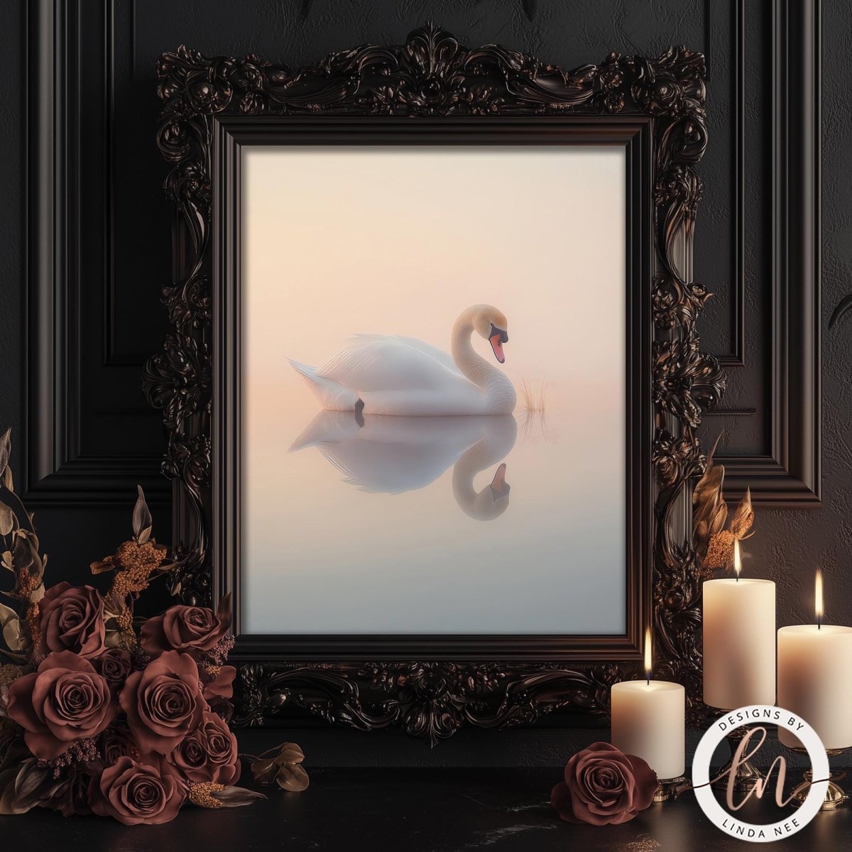 A framed image of a swan floating on a misty surface, surrounded by candles and roses, creating a serene and peaceful atmosphere.