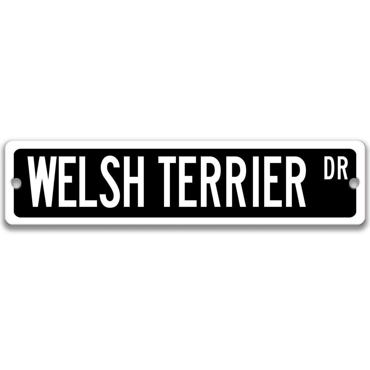 Yellow Welsh Terrier DR aluminum street sign with black lettering