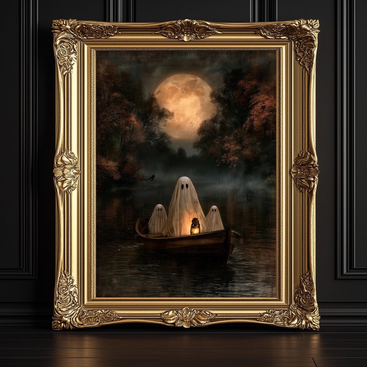 Three spirits adrift in a rowboat in misty moonlight on still water
