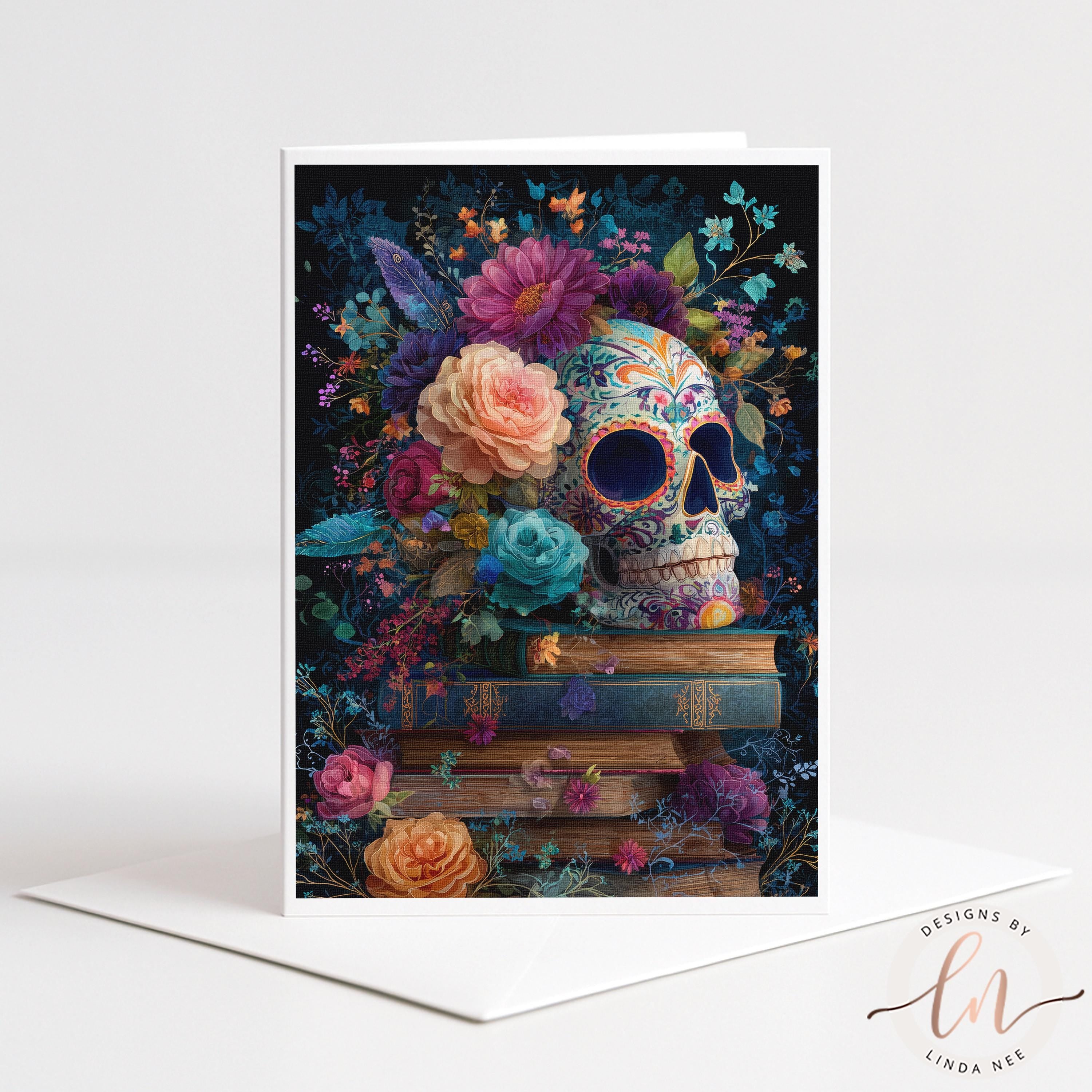 A colorful and vibrant illustration of a skull surrounded by an array of flowers, leaves, and books, creating a striking and visually captivating scene.