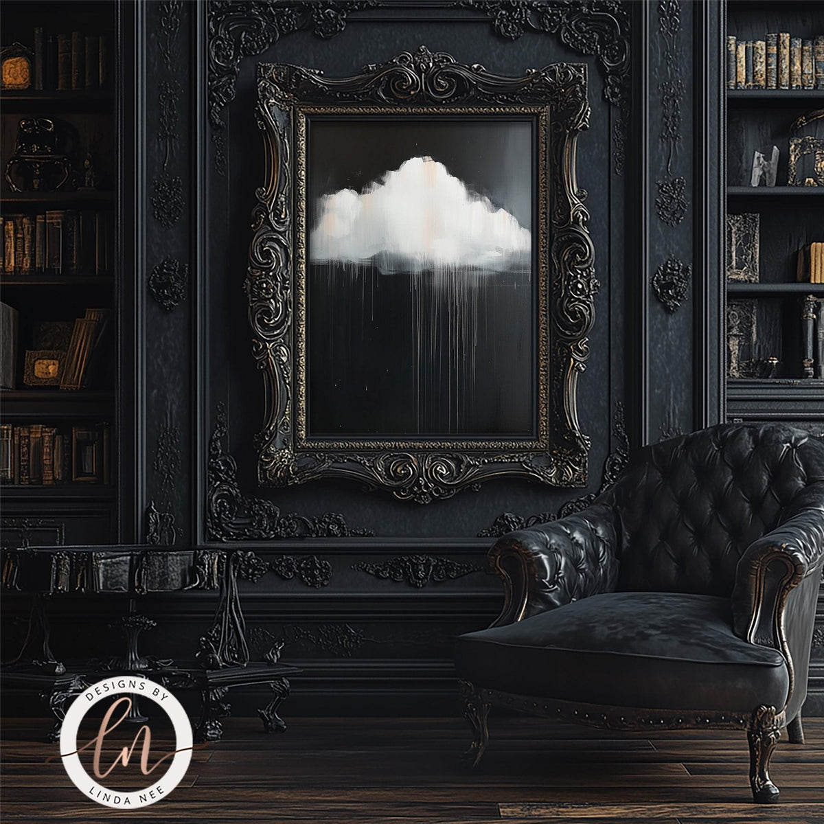 a luxurious living room with a large, ornate black frame hanging on the wall, which features a painting of a cloud. The room is furnished with a black leather armchair and a wooden side table. The overall color scheme of the room is dark, with the black leather armchair and frame providing a striking contrast.
