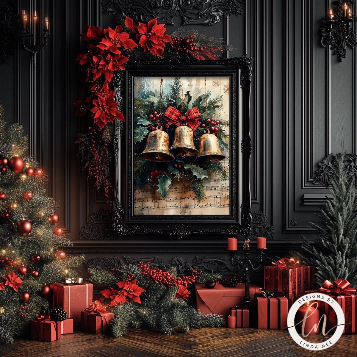Golden Bells and Holly Art Print, Christmas Entryway Decor