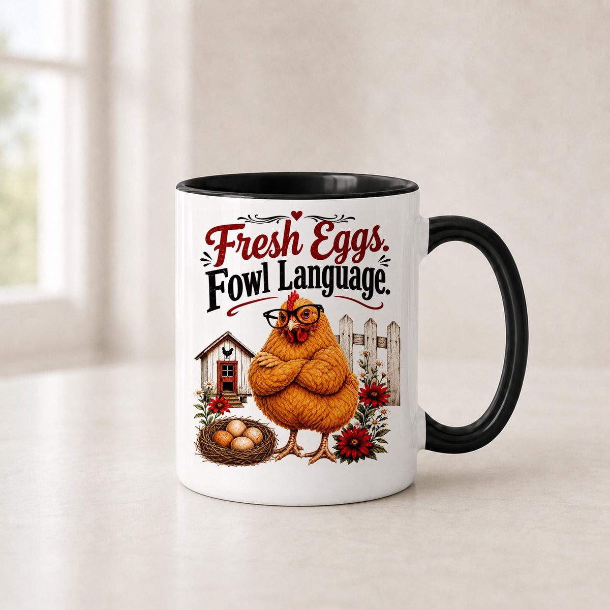Grumpy hen chicken mug in the 11 oz black handle version with a black interior, on a light counter by a window