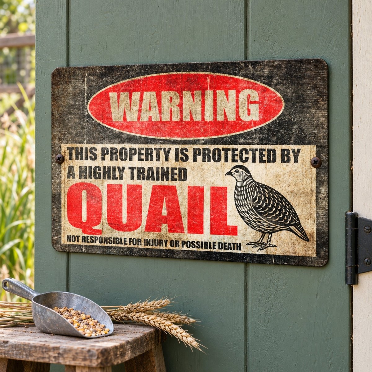 Weathered quail metal warning sign with a bird illustration, shown in a farm scene with a grain bin and wheat