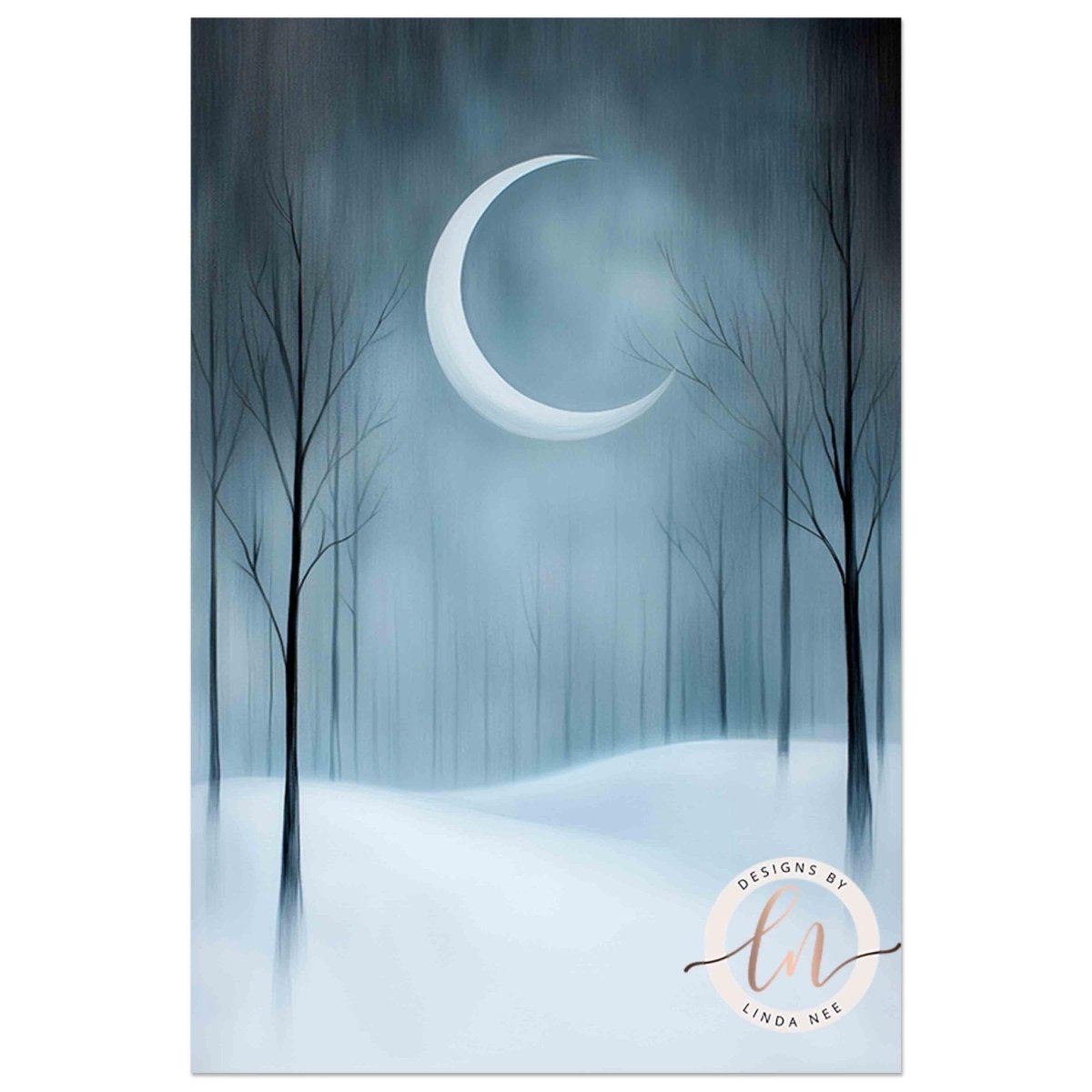 Snowy forest scene under a crescent moon in a quiet winter night sky