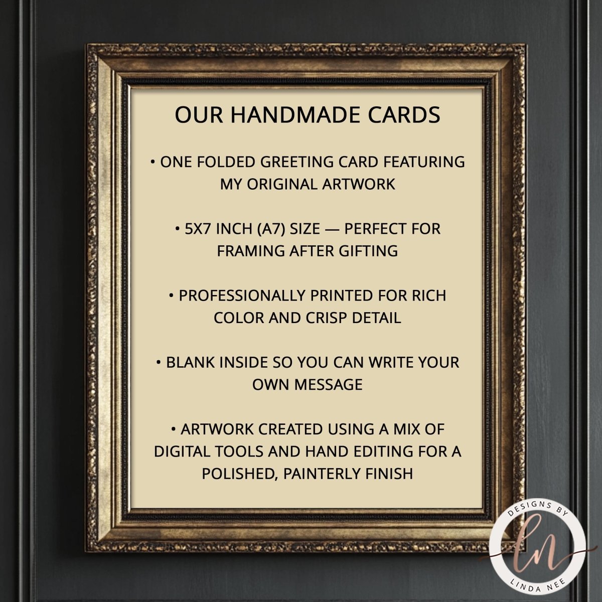 Framed description of handmade cards with gold frame and black text on a dark background