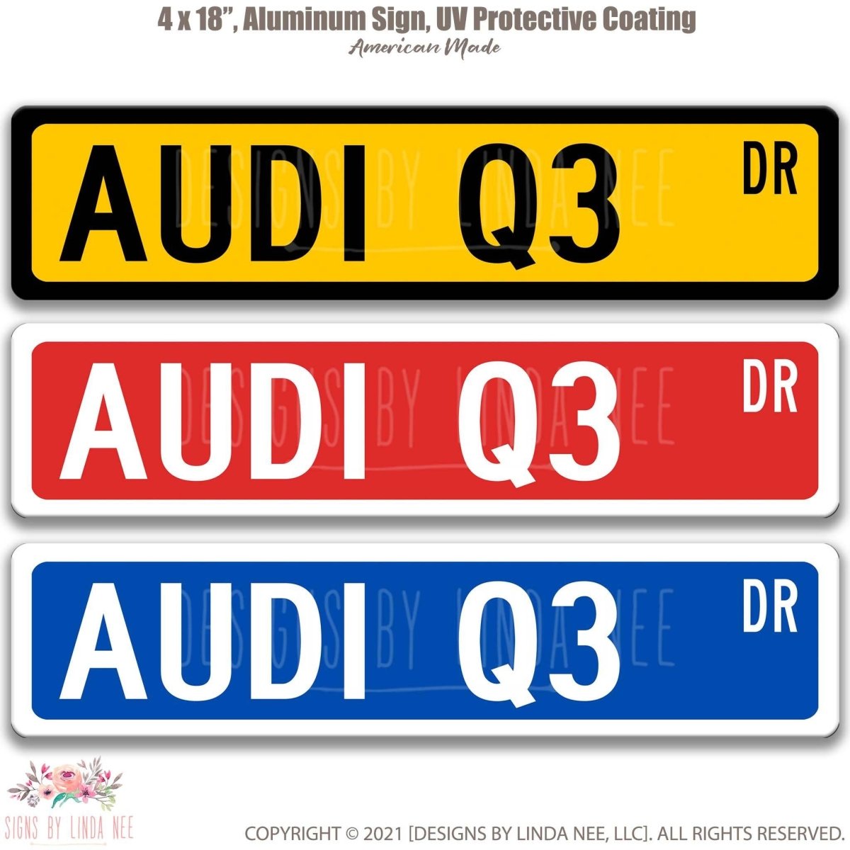 Audi Q3 DR street name sign shown in three aluminum color options