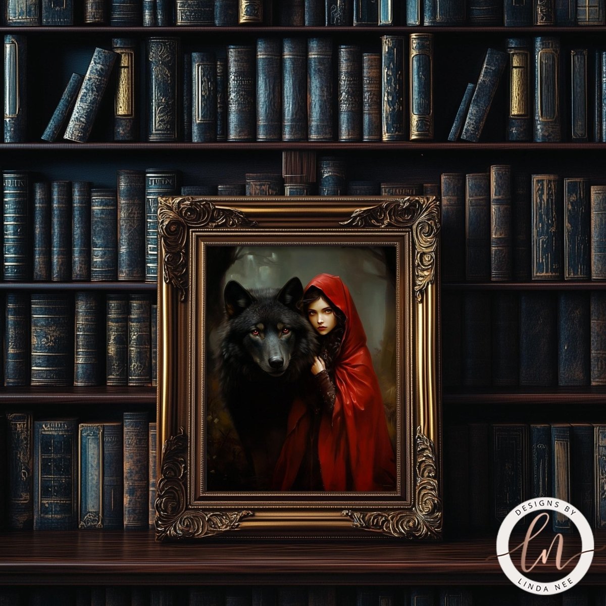 A framed image of a woman in a red cape standing next to a black wolf in a forest setting, surrounded by a bookshelf filled with books.