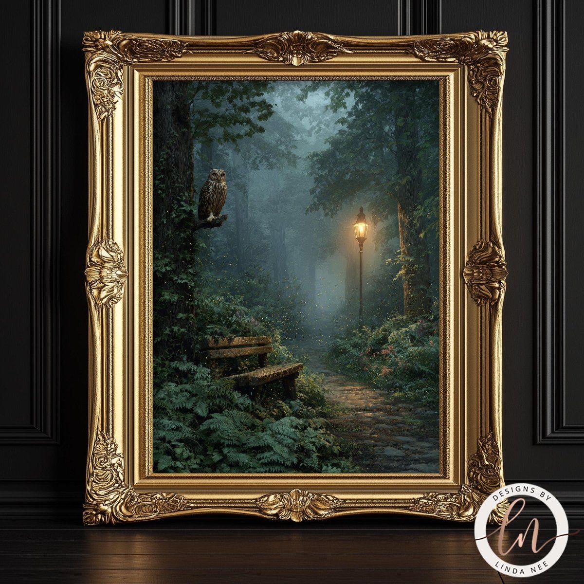 A painting of a forest path with a bench and an owl perched on a tree branch, illuminated by a lantern, set against a misty, foggy background.