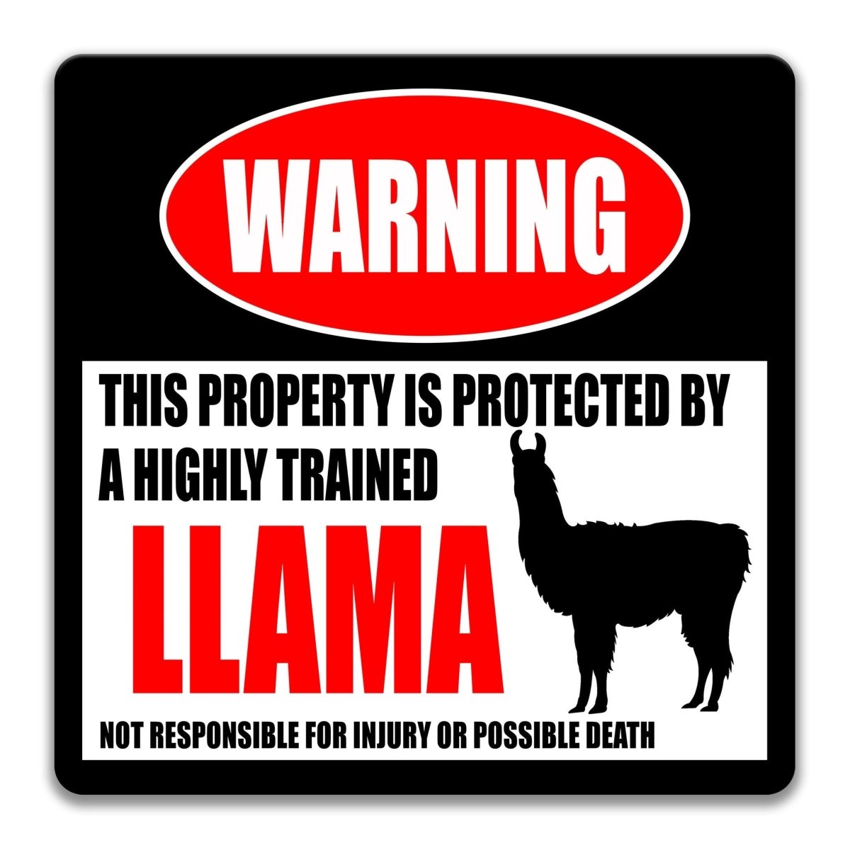 Llama warning sign, red WARNING banner and large llama silhouette, funny Llama lover gift, aluminum with rounded corners