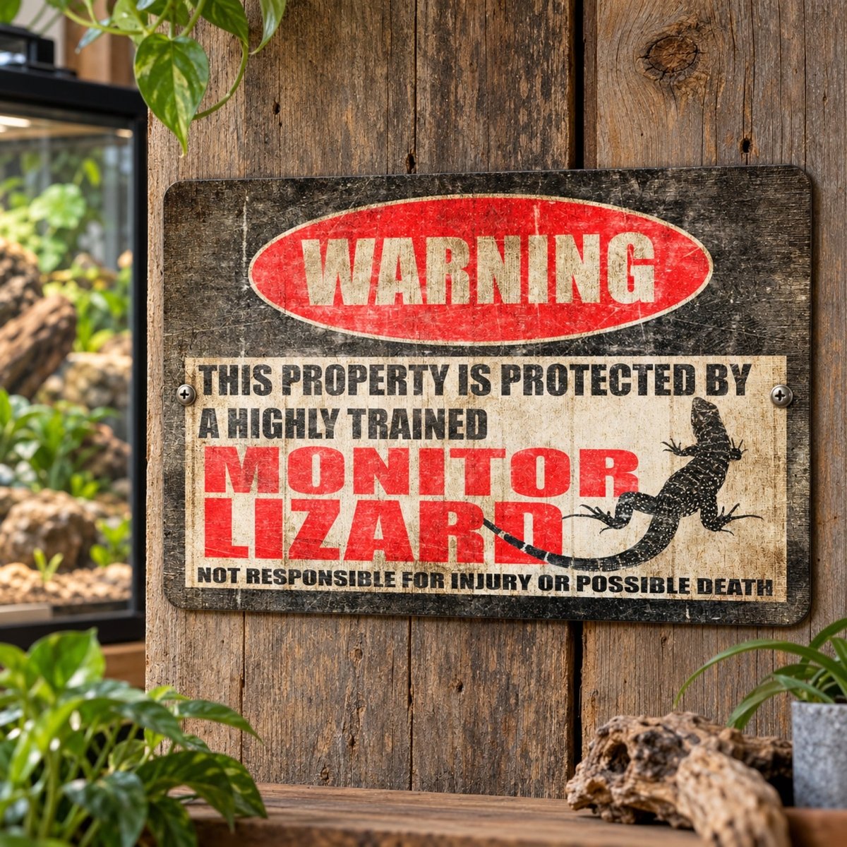 Monitor lizard metal warning sign that says it is not responsible for injury or possible death