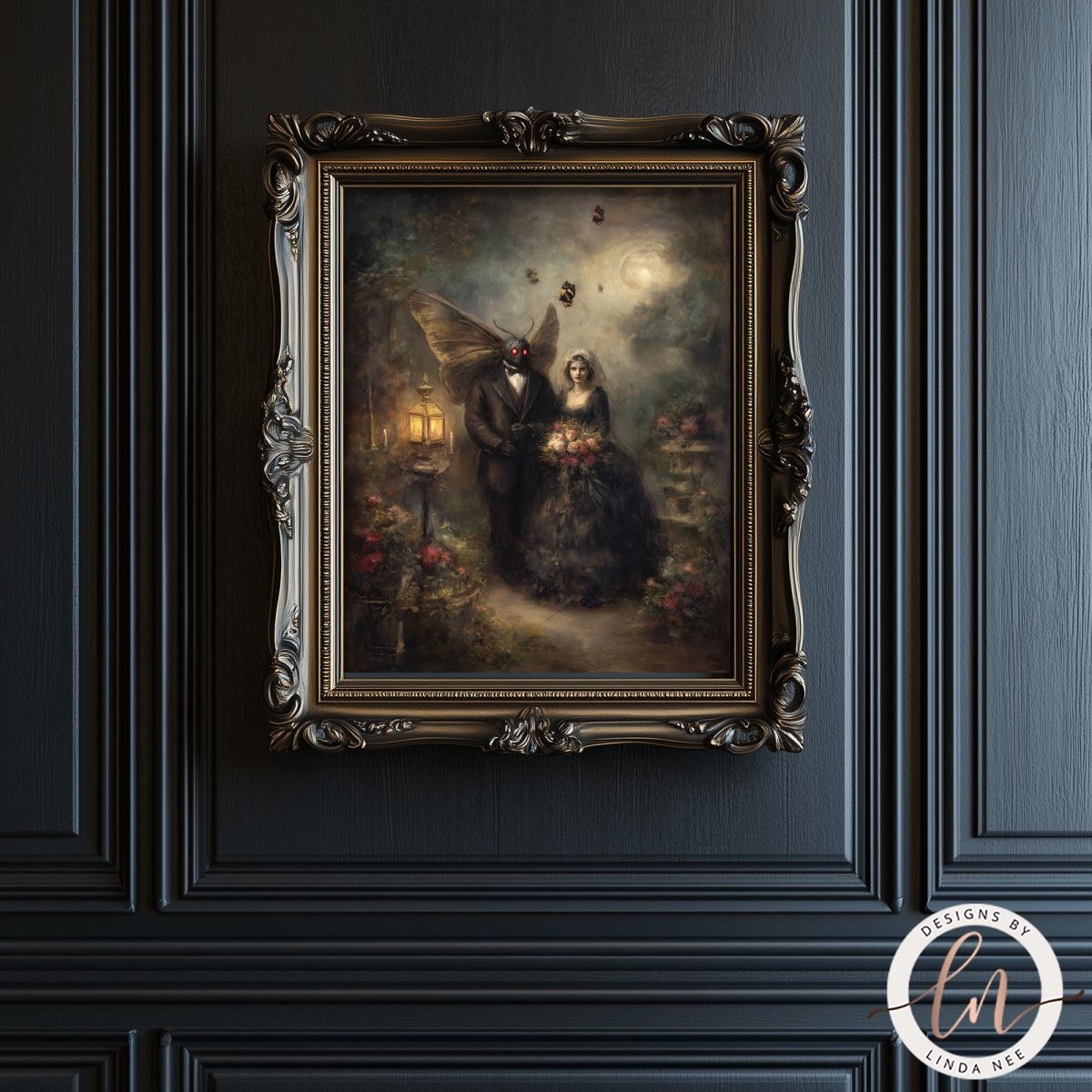 The image is a framed painting depicting a couple in a romantic setting, with a fairy-like figure in the background.