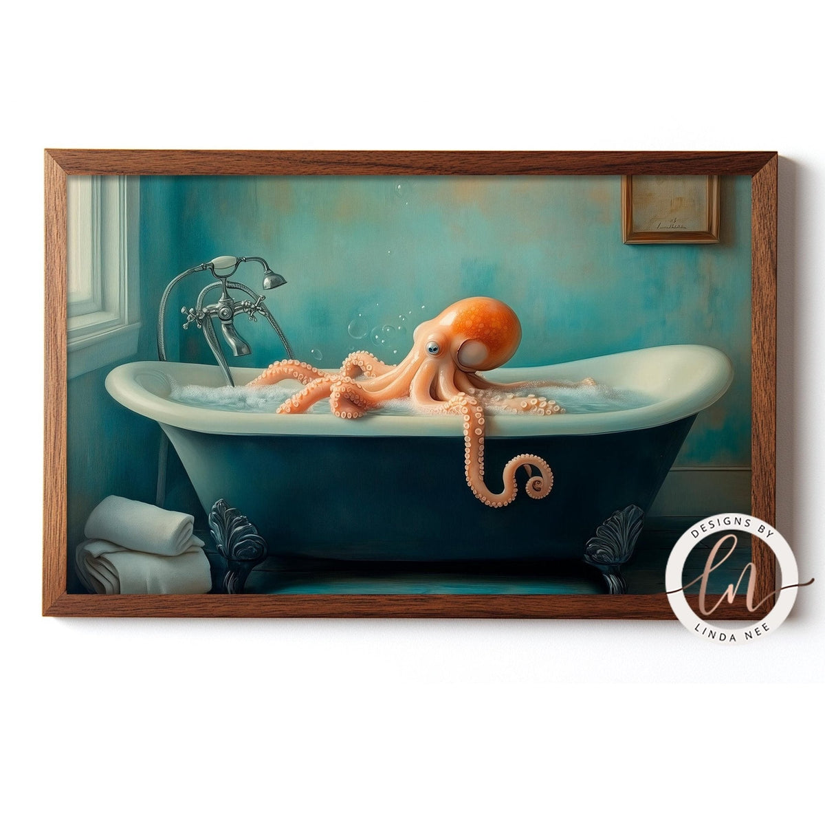 An orange octopus is sitting in a blue bathtub, surrounded by towels and a faucet, in a bathroom setting.
