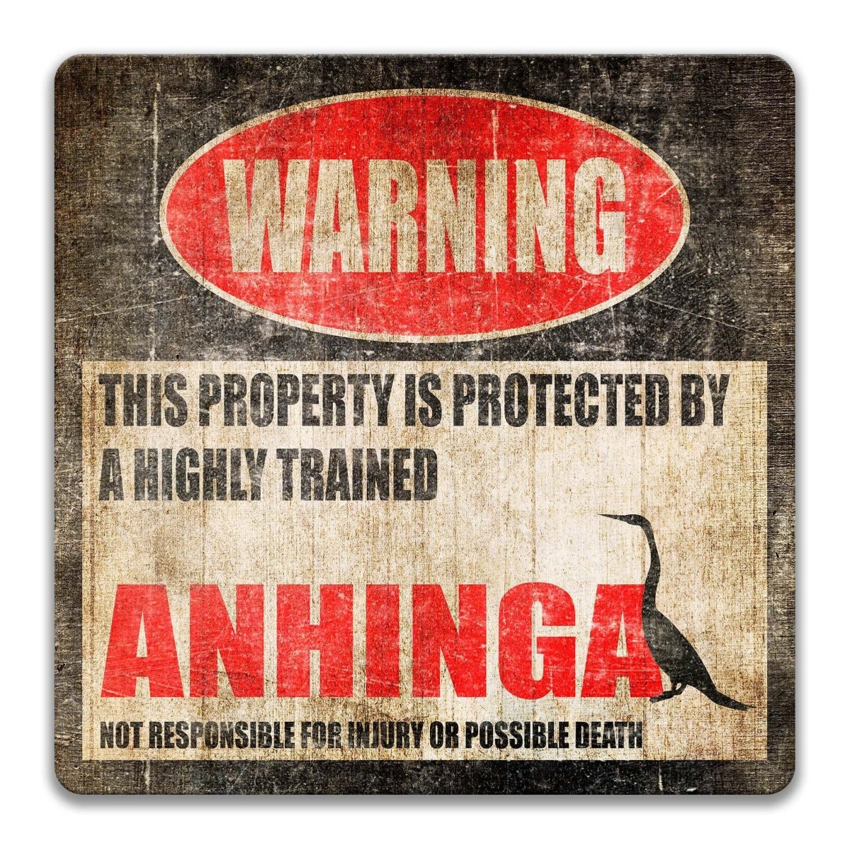 Anhinga warning metal sign, glossy black, red WARNING oval and long-necked darter bird silhouette