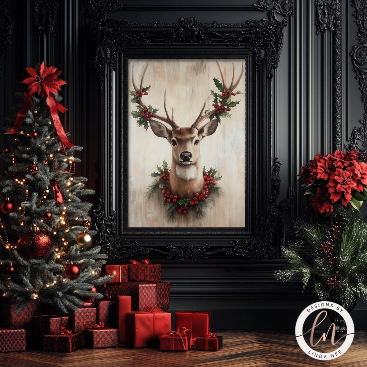 a festive Christmas scene with a decorated Christmas tree, a framed picture of a deer with a holly wreath, and a pile of wrapped presents.
