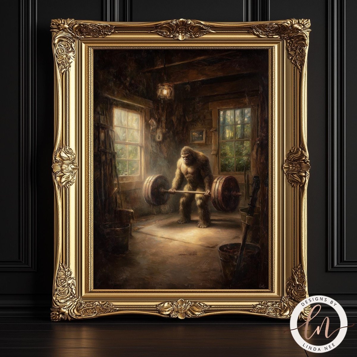 a large, furry creature lifting a heavy weight in a rustic, wooden-walled room.