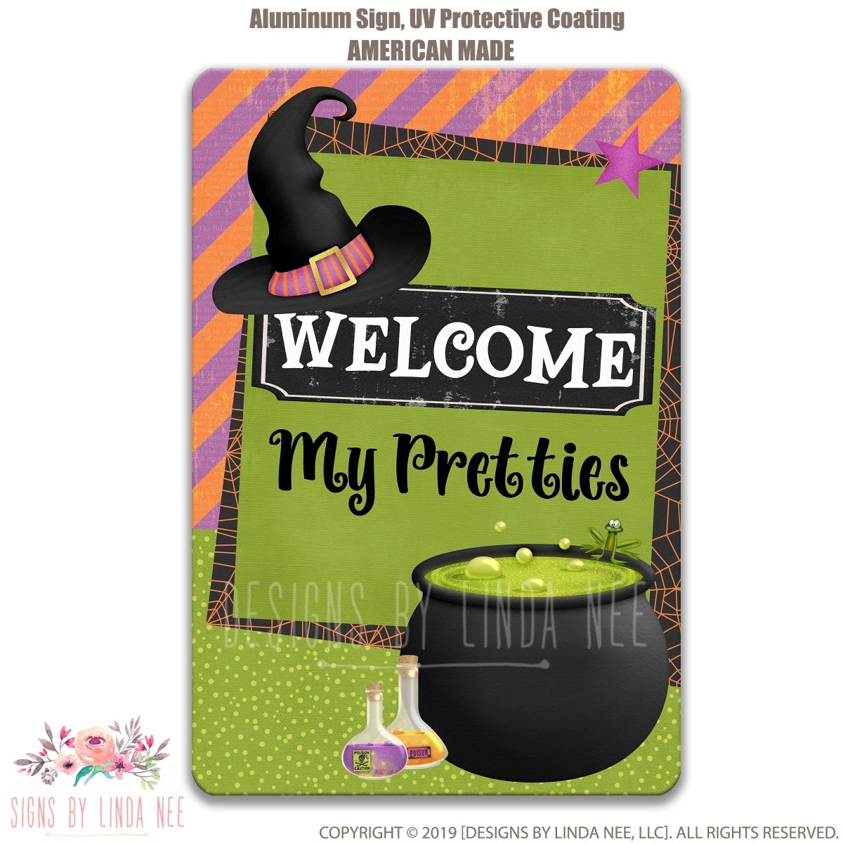 The image is a colorful and whimsical welcome sign featuring a witch's hat, a pot of bubbling green liquid, and various Halloween-themed elements.