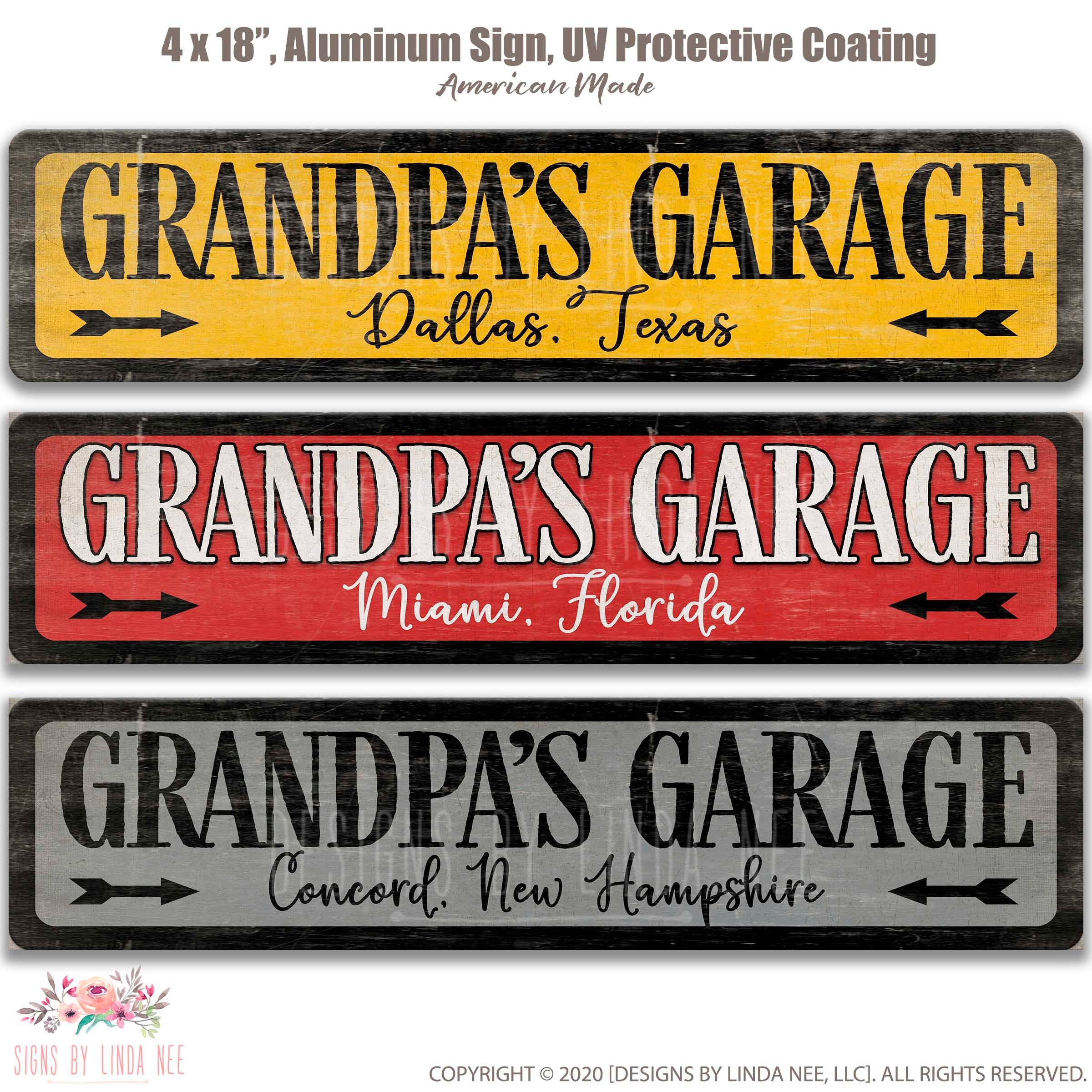 three rectangular signs with the same design, each displaying the text "GRANDPA'S GARAGE" in different colors and styles. The signs are described as "4 x 18" and "UV Protective Coating" and are made of "Aluminum". The signs are labeled as "American Made".