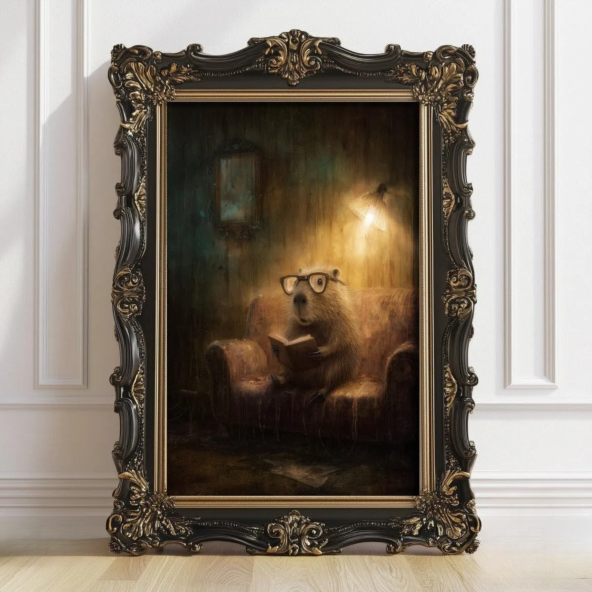 A beaver wearing glasses is sitting on a couch, reading a book in a dimly lit room.