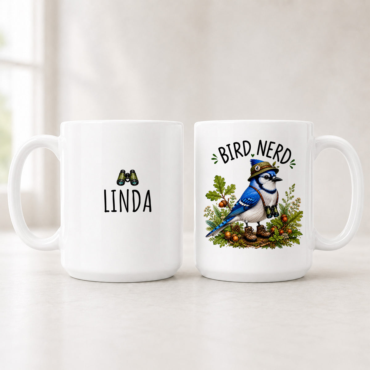 Front and back of the 15 oz Blue Jay Bird Nerd mug, the name LINDA on one side and the field-dressed blue jay on the other