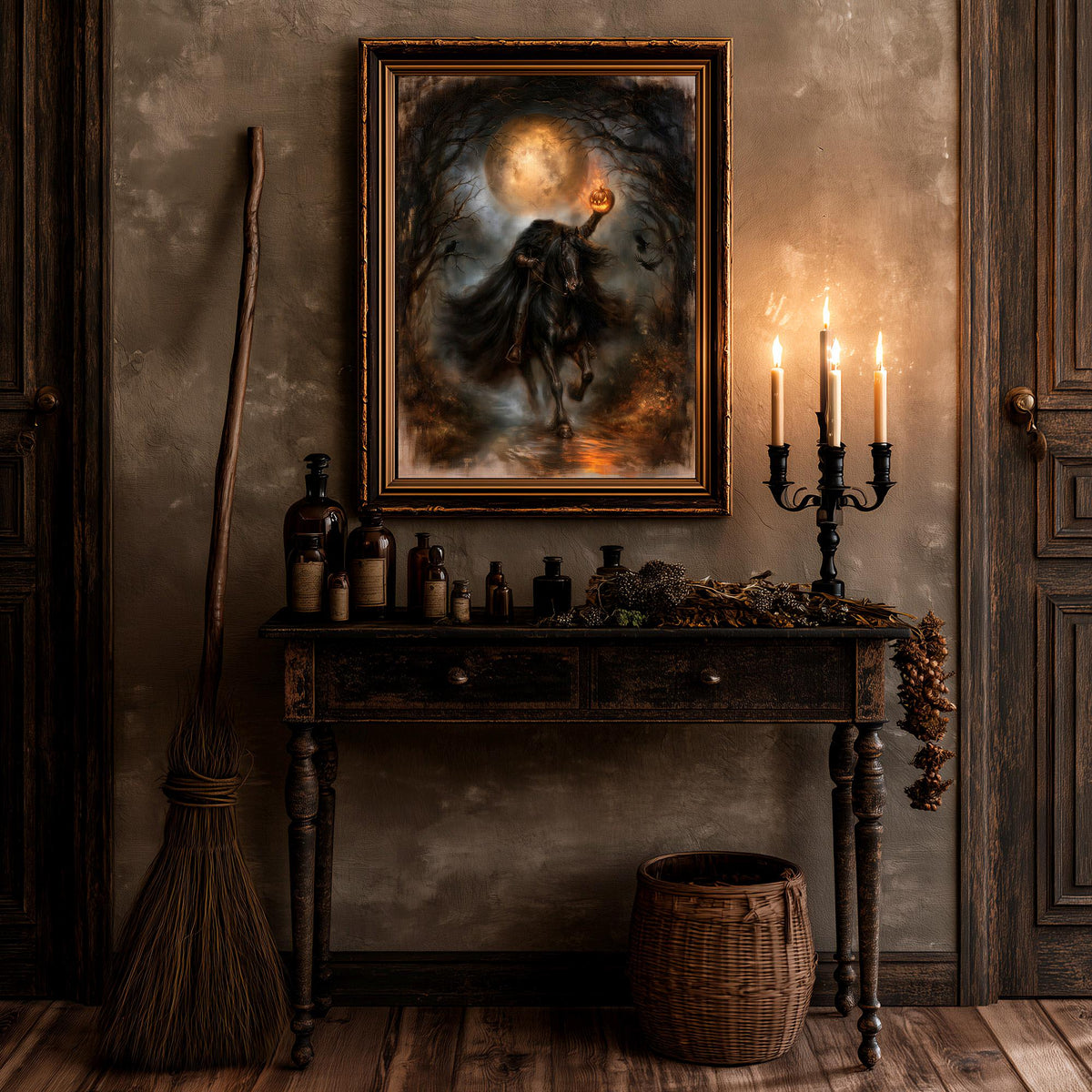 Gothic horseman wall art above a table of lit candles and apothecary bottles