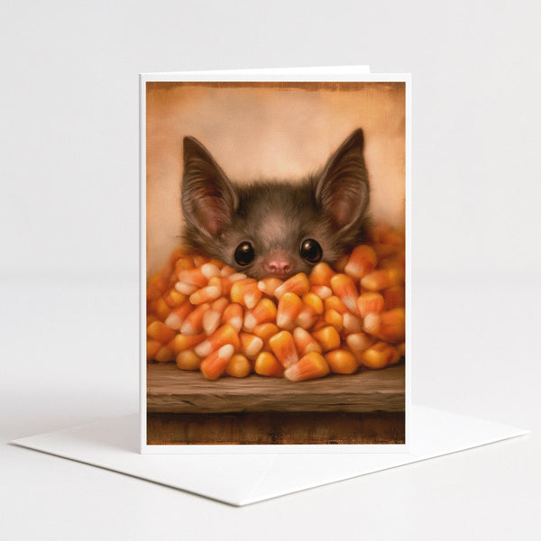 Bat Peeking from Candy Corn Halloween Note Card