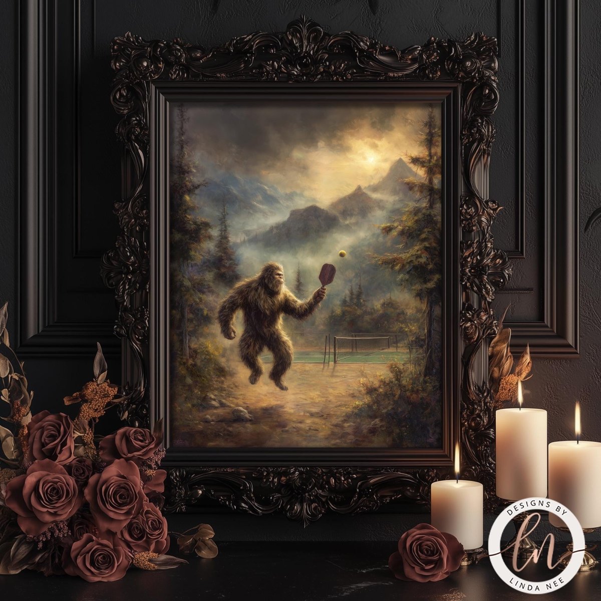 Painterly fantasy illustration of Bigfoot playing pickleball on a hidden outdoor court in the mountains, mid-swing with a paddle as a ball floats in front of him, surrounded by misty pine trees, dramatic golden clouds, and rugged peaks in the background.