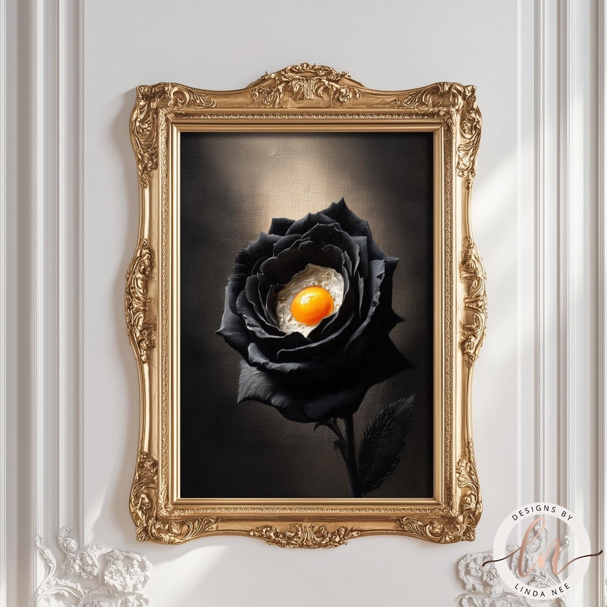 A framed image of a black rose with an egg yolk in the center, set against a dark background.