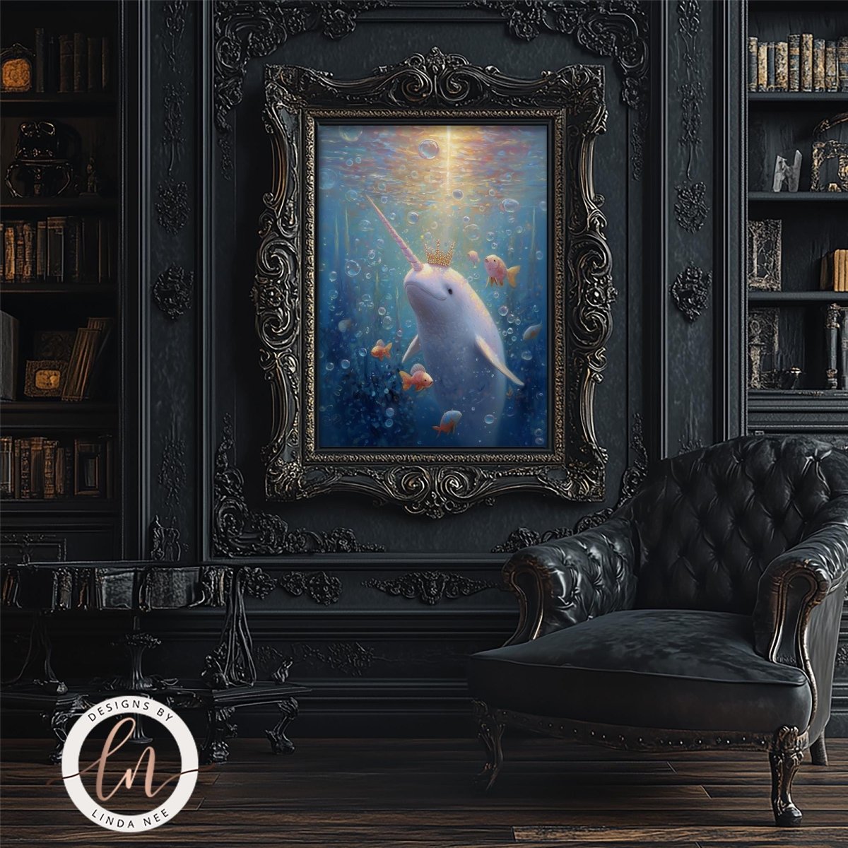 a large painting of a unicorn swimming underwater, surrounded by bubbles, in a dark room with a black leather chair and a bookshelf.