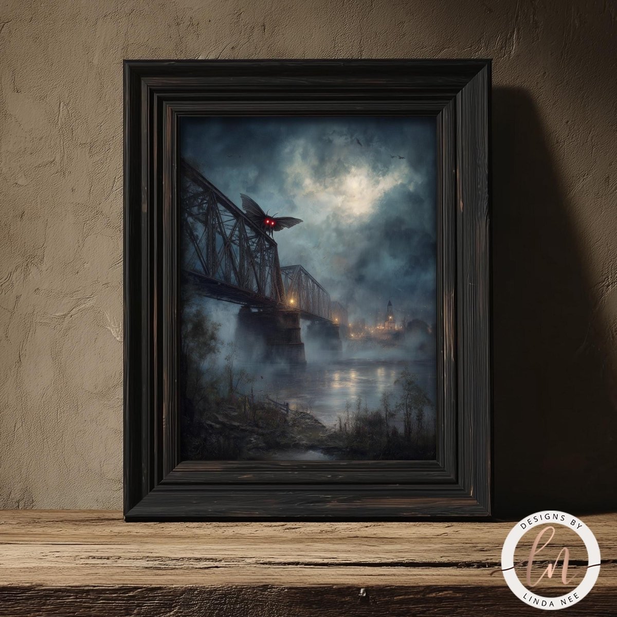 The image is a framed painting depicting a bridge with a bat flying over it, set against a misty, atmospheric background.